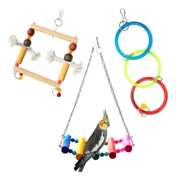 Kit 3 Brinquedos Pássaros Balanço Madeira com Miçanga Premium